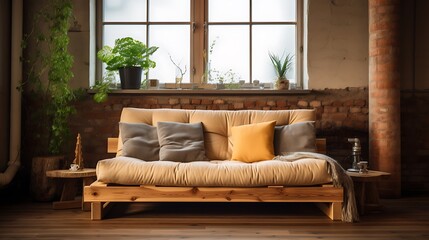 A cozy wooden futon sofa bed in a studio apartment, offering versatility and comfort for small-space living