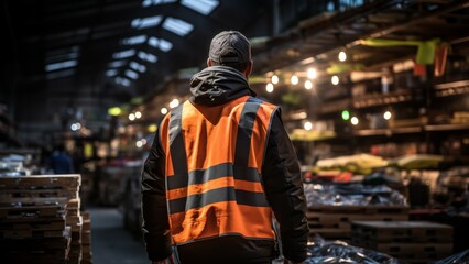 A man wearing a reflective vest in a warehouse