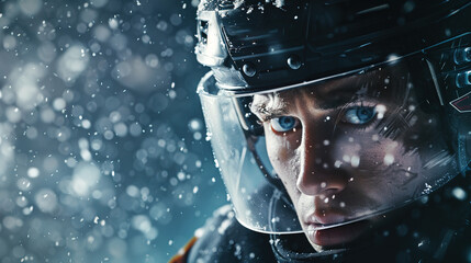 close-up portrait of a concentrated serious winner hockey player in a dark uniform looking at the camera on a dark brutal background with ice crumbs and splashes. hockey sport action with copy space.