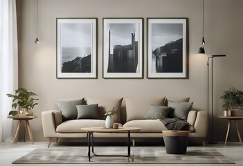 beige wall render gray room furniture sofa living poster 3d frames modern Empty interior