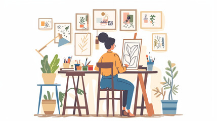 Female painter drawing in her art studio Hand drawn style