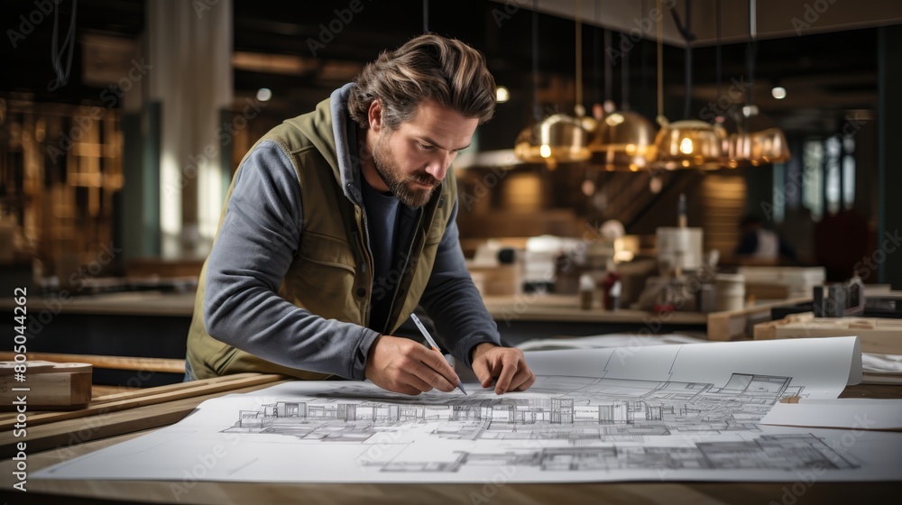 Poster an architect working on blueprints for a building