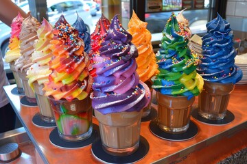 Colorful aesthetic ice creams, fun cotton candy and caramel cones for a refreshing summer treat
