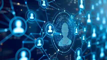 Network of people connected to each other through lines and circles, futuristic digital network with person at the center