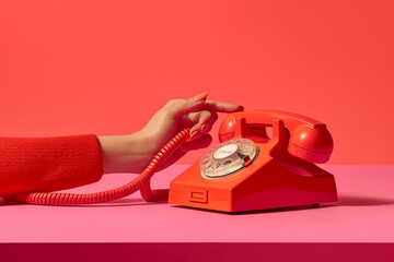 A hand with red nails dialing a retro rotary phone on a pink background. Pop art-inspired still life with strong color contrast.