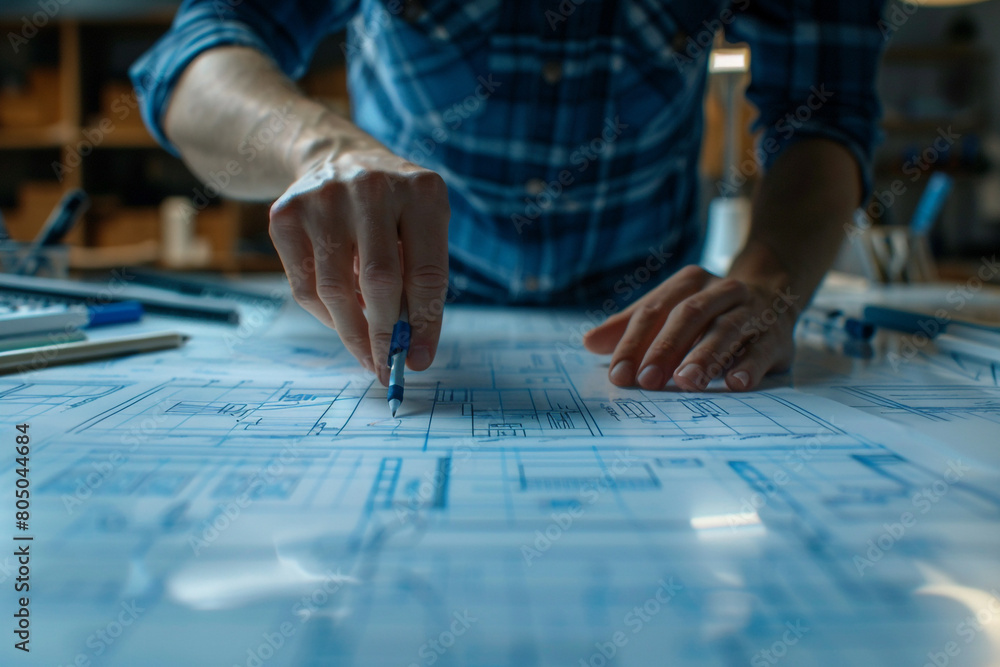 Poster close-up on the hands of a designer placing a digital marker on a virtual blueprint