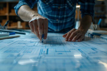 Close-up on the hands of a designer placing a digital marker on a virtual blueprint 