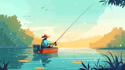 Man in big straw hat  fishing with fishing rod from a boat on picturesque lake in summertime,  flat illustration