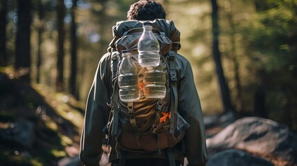 A person with a backpack and a bottle of water in the middle of it.