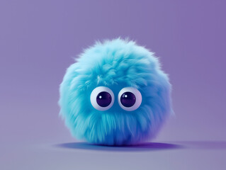 Fototapeta premium A 3D render of a cute blue fluffy ball with two eyes on a purple background, presented in a minimalistic style with a simple design. This adorable creature is a cute monster concept art featuring 