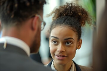 Candid moment of a young woman engaged in conversation with a man, likely during a job interview
