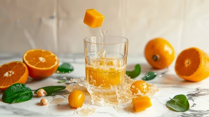  An orange being juiced and the resulting juice poured into a glass, surrounded by oranges and leaves on a marble surface