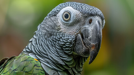 Obraz premium A tight shot of a parrot's expressive face against a softly blurred backdrop of trees and foliage