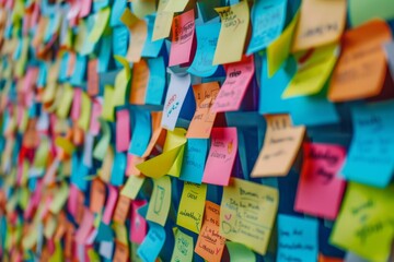 A closeup view of a wall completely covered in vibrant sticky notes with various messages and reminders
