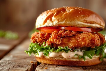 Closeup of a deluxe chicken sandwich on a rustic wooden table, highlighting layers of lettuce, tomato, and savory sauce