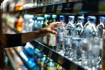 A womans hand is reaching for a bottle of water from a refrigerated shelf in a commercial setting