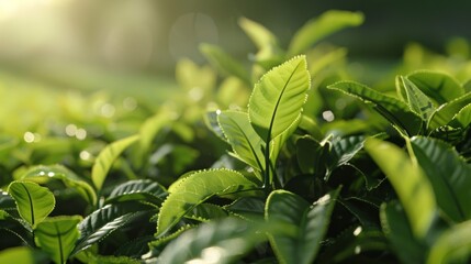 A lush green field of tea plants with leaves that are wet