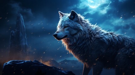 A wolf with a blue moon in the background