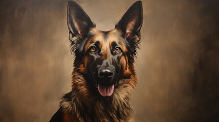 A painting of a german shepherd with a black nose and brown eyes.