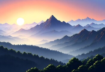 pixel art Invigorating morning sunrise over a mist (5)