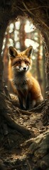 A fox is sitting in a hole in the woods