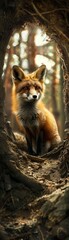 Fototapeta premium A fox is sitting in a hole in the woods