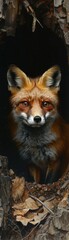 Fototapeta premium A fox is standing in a hole in a tree