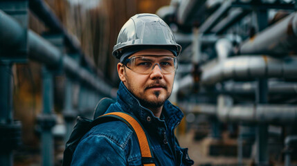 a man wearing a hard hat and glasses is standing in front of a metal pipe