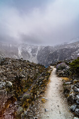 landscape on the way to laguna 69 with a laguna in snow covered andes in the national park Huascarán