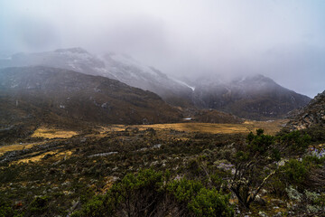 landscape on the way to laguna 69 with a laguna in snow covered andes in the national park...