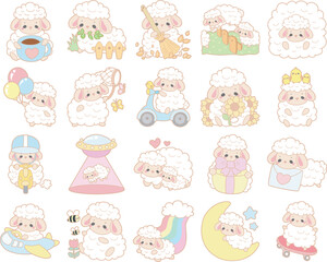Cute sheep hand drawn emotes icon. Baby sheep illustration activites. Funny sheep clip art elements.
