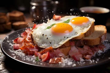 Breakfast with fried eggs and bacon on wooden table, close up