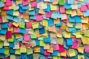 A bulletin board completely covered in colorful post-it notes with various messages and reminders