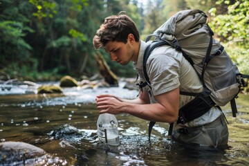A man with a backpack is inspecting a bottle in the water as he wades through a river