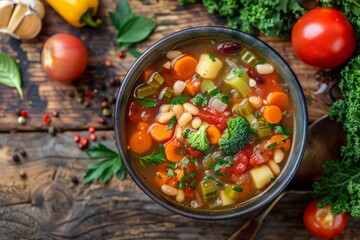 A top-down view of a vibrant bowl of vegetable minestrone soup on a wooden table, showcasing each ingredient distinctly