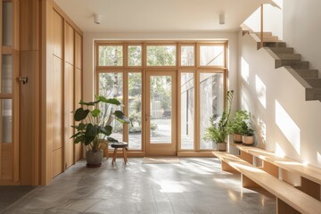 A room with numerous windows allowing abundant light, adorned with various plants, creating a natural and airy ambiance