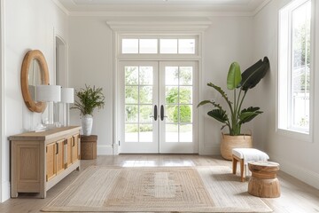 A living room with an array of furniture including a large potted plant, showcasing modern Scandinavian aesthetics with minimalist design