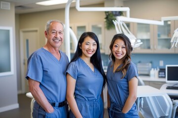 A wide-angle view of three dental professionals in scrubs standing with welcoming smiles in a modern room