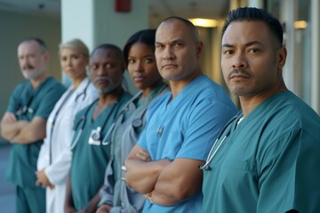 Diverse group of doctors in scrubs standing shoulder to shoulder in front of a building