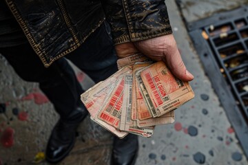 A persons hand holding a large amount of money in various denominations - obrazy, fototapety, plakaty