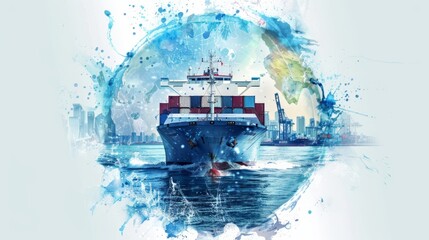 A painting of a ship in the water with a globe in the background