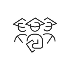 Students icon. A minimalistic depiction of three figures with graduation caps, representing student achievement and the celebration of graduation. For educational institutions. Vector illustration