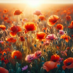 Fototapeta premium poppy flowers in the field with sunlight