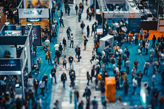 A dense crowd of attendees walking around a tech conference center, navigating between high-tech exhibits and booths