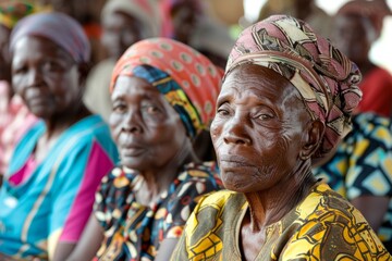 Elderly women participate in a community development meeting, sitting closely next to each other
