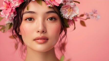 Beautiful asian woman model with flower on the pink background