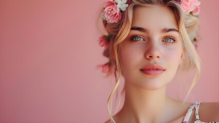 Naklejka premium Beautiful blond woman model with flower on the pink background