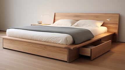 A sleek wooden bed frame with built-in storage drawers, offering practicality and style in a modern bedroom