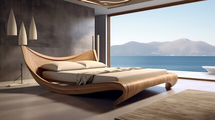 A sleek wooden bed frame with a floating design, giving the illusion of weightlessness in a modern bedroom