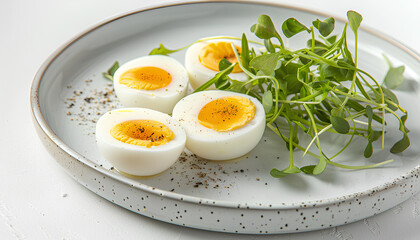 Soft boiled eggs with micro green on white background